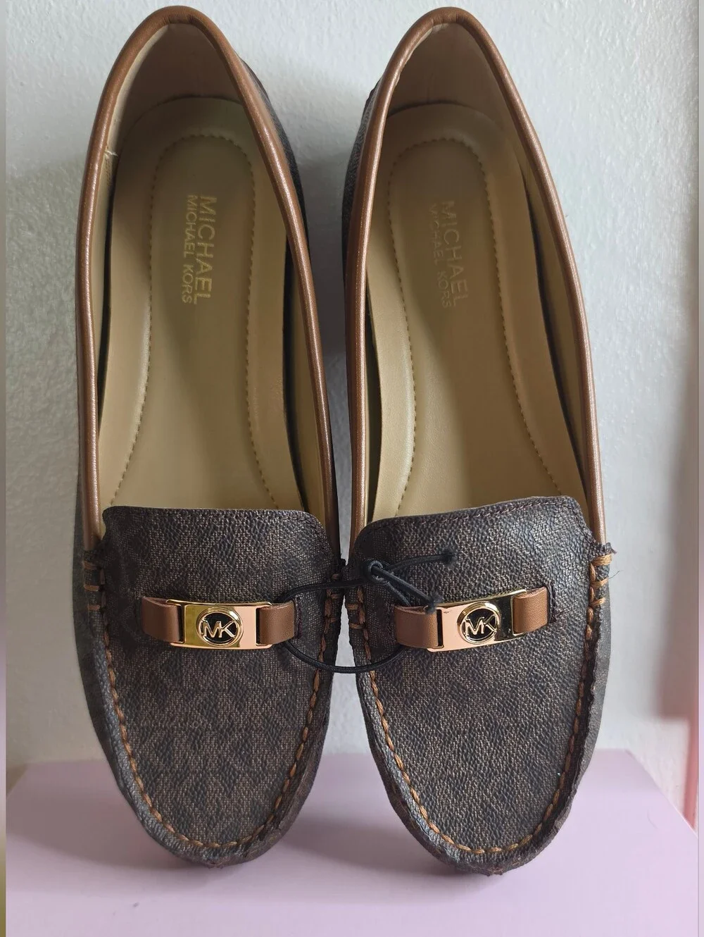 Michael Kors Brown Logo-Print Moccasin Loafers with Gold Accent